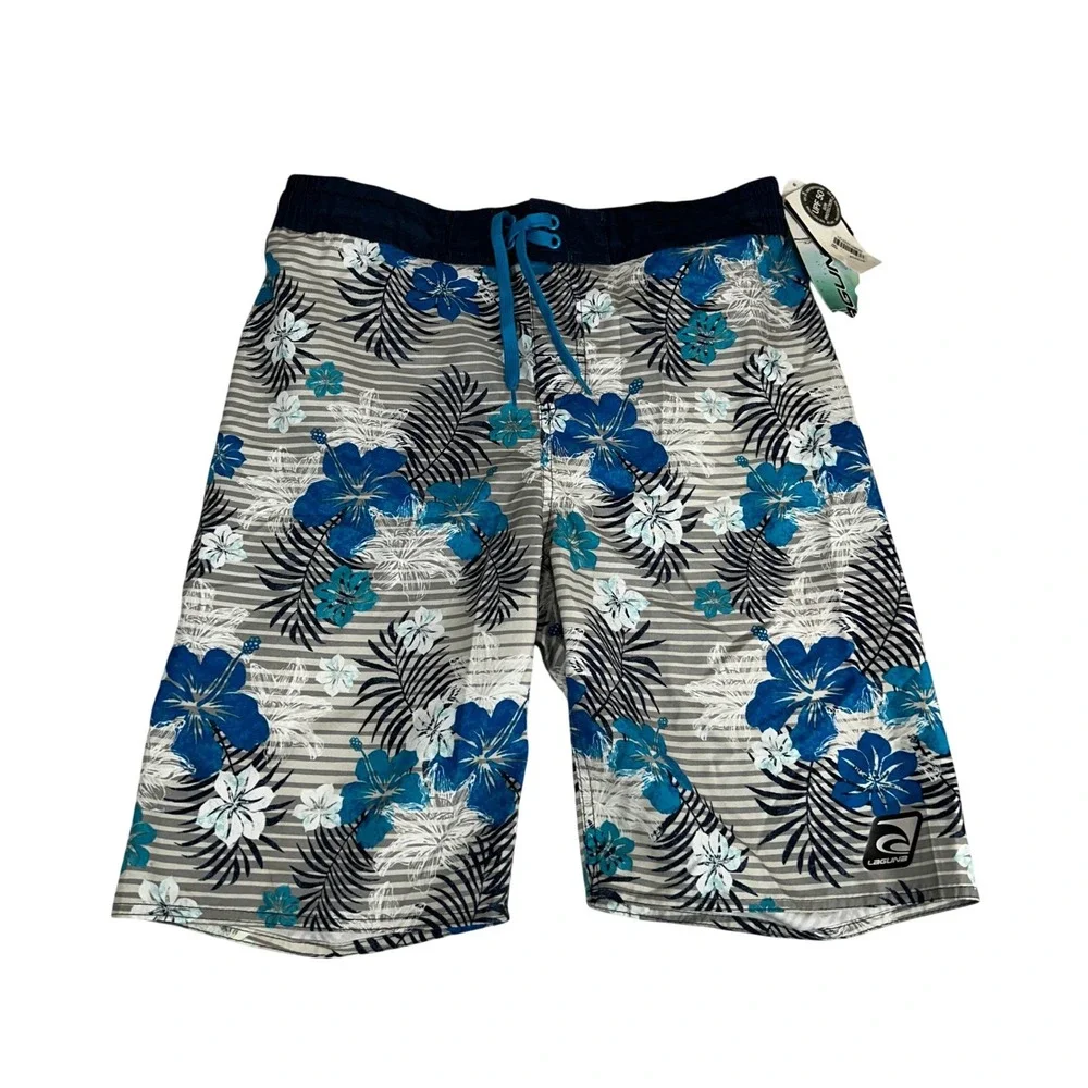 Laguna Boys XL 18/20 Blue Floral Baja Stripe Swim Trunks UPF 50 NWT